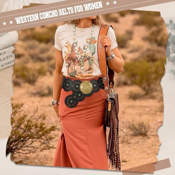 Woman\'s Western PU Leather Belts Concho Disc Wide Waist Belt Black Bronze Buckle main image 2
